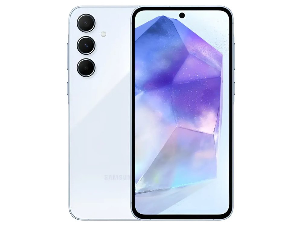 Samsung Galaxy A55 5G azul-celeste, frente e verso