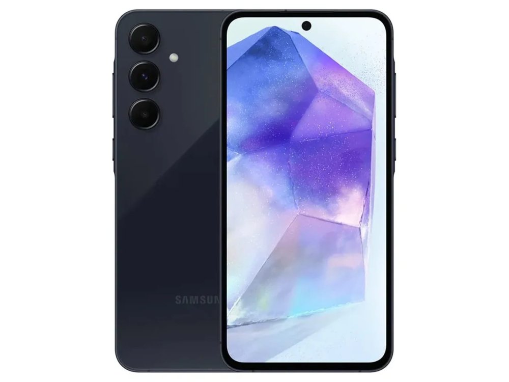 Samsung Galaxy A55 5G azul-escuro, frente e verso