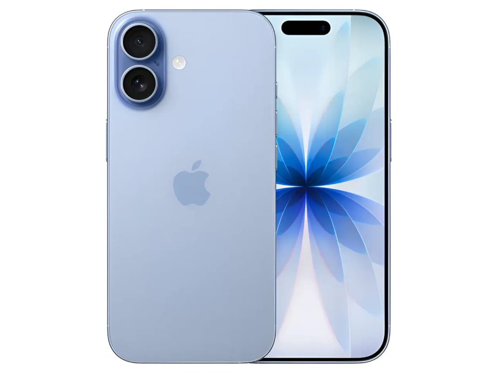 iPhone 17 azul-névoa, frente e verso