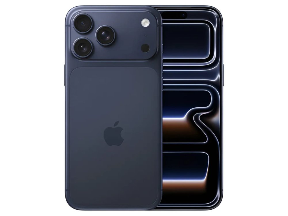iPhone 17 Pro Max azul profundo, frente e verso