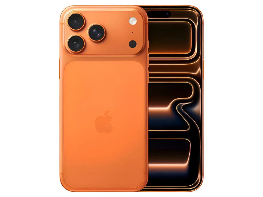 iPhone 17 Pro Max laranja cósmico, frente e verso
